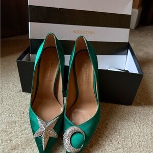 Aquazzura Emerald Satin Heels with Star and Moon Size 36
